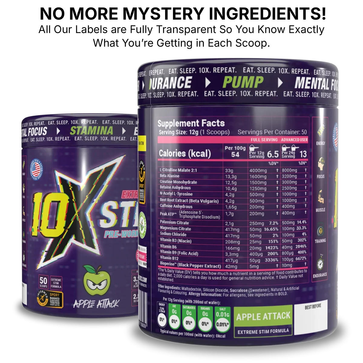 10x Athletics Pre-Workout 600 Gram 12g Per Scoop, 50 Servings