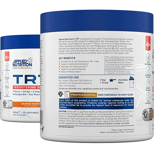 Applied Nutrition Advance TRT Testosterone Support Supplement For Men Over 40s 300g | 30 Servings | Orange Brust
