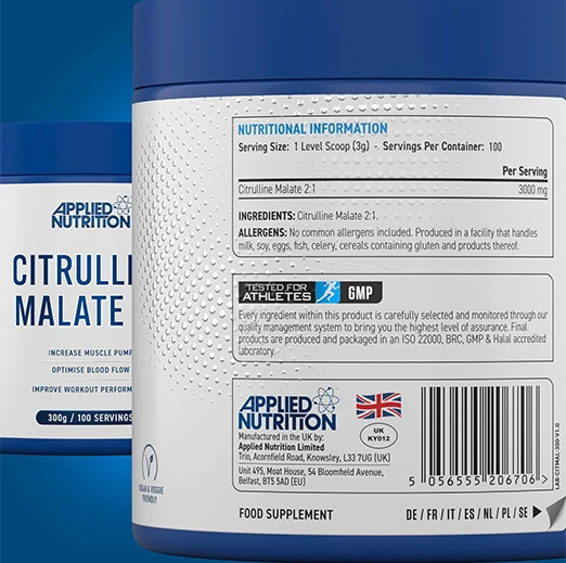 Applied Nutrition Citruline Malate 2:1 | 300 Gram 100 serving 3000MG Per Serving |  Nitric Oxide Booster Amino Acid Powder Supports Muscle Recovery Improves Performance Vegan Gluten Free (Unflavoured)