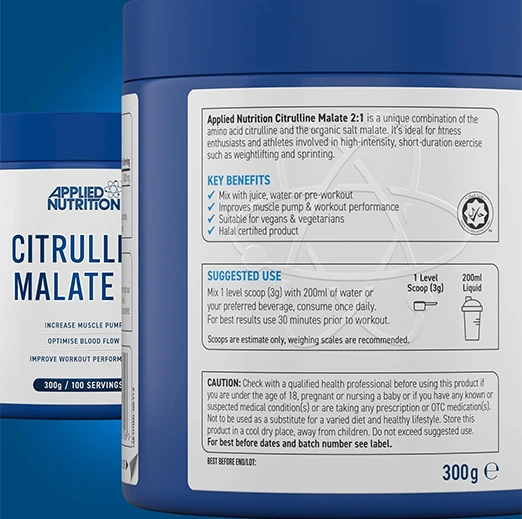Applied Nutrition Citruline Malate 2:1 | 300 Gram 100 serving 3000MG Per Serving |  Nitric Oxide Booster Amino Acid Powder Supports Muscle Recovery Improves Performance Vegan Gluten Free (Unflavoured)