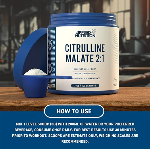 Applied Nutrition Citruline Malate 2:1 | 300 Gram 100 serving 3000MG Per Serving |  Nitric Oxide Booster Amino Acid Powder Supports Muscle Recovery Improves Performance Vegan Gluten Free (Unflavoured)