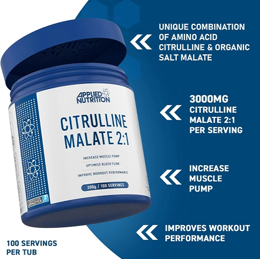 Applied Nutrition Citruline Malate 2:1 | 300 Gram 100 serving 3000MG Per Serving |  Nitric Oxide Booster Amino Acid Powder Supports Muscle Recovery Improves Performance Vegan Gluten Free (Unflavoured)