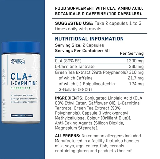Applied Nutrition CLA + L-Carnitine & Green Tea - Fat Burner for Weight Loss, Energy & Metabolism Support (100 Capsules / 50 Servings)