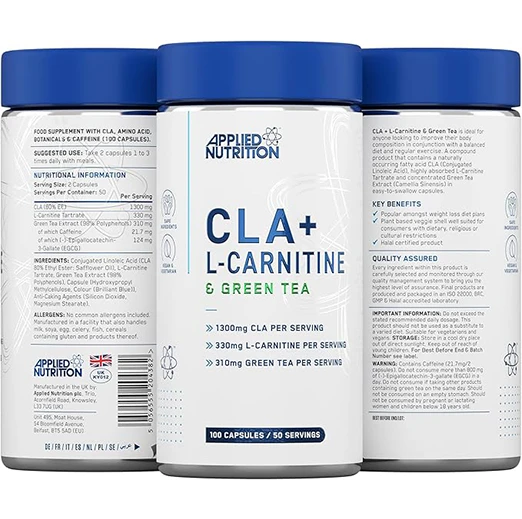 Applied Nutrition CLA + L-Carnitine & Green Tea - Fat Burner for Weight Loss, Energy & Metabolism Support (100 Capsules / 50 Servings)