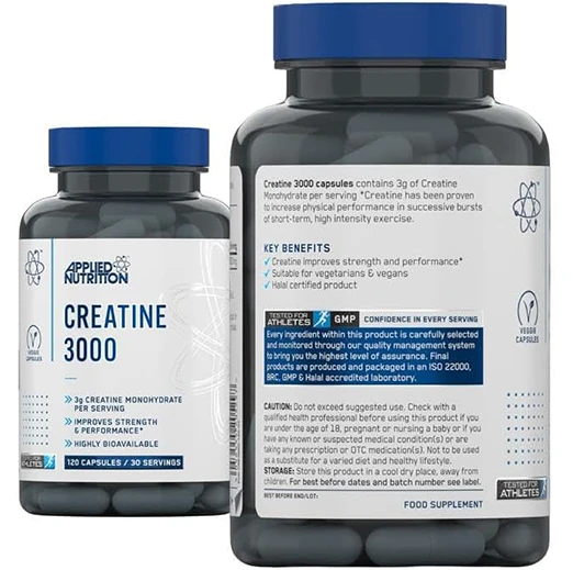 Applied Nutrition Creatine Monohydrate Capsules 3000mg Per Serving (120 Capsules – 30 Servings)