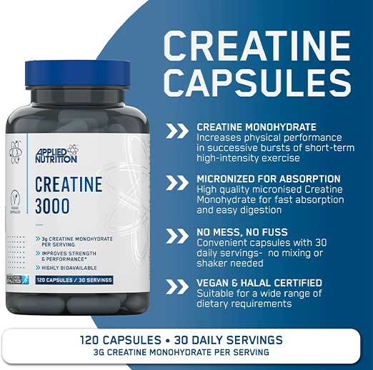 Applied Nutrition Creatine Monohydrate Capsules 3000mg Per Serving (120 Capsules – 30 Servings)