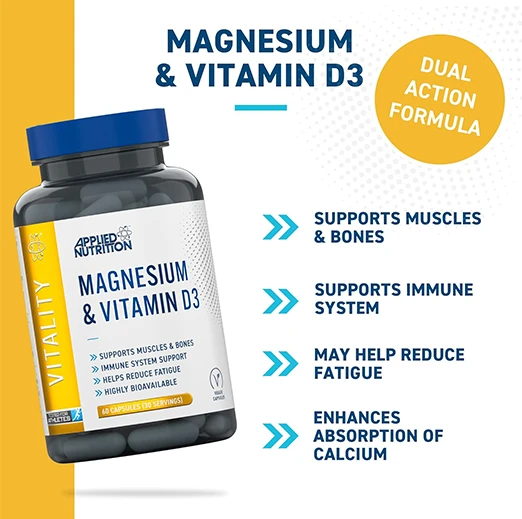Applied Nutrition – Magnesium & Vitamin D3 – Tri-Magnesium Blend (60 Capsules – 30 Servings)