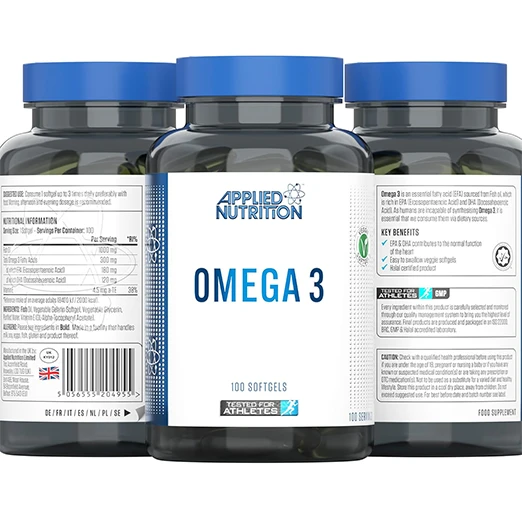 Applied Nutrition Omega 3 with Vitamin E - 1000mg Fish Oil,100 Softgels , 100 Servings