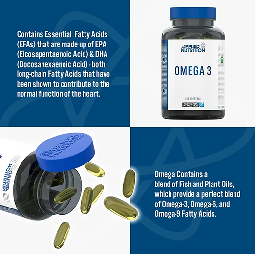 Applied Nutrition Omega 3 with Vitamin E - 1000mg Fish Oil,100 Softgels , 100 Servings
