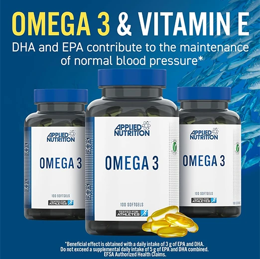 Applied Nutrition Omega 3 with Vitamin E - 1000mg Fish Oil,100 Softgels , 100 Servings