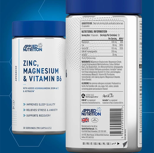 Applied Nutrition Zinc, Magnesium & Vitamin B6 with Ashwagandha Capsules 90 Capsules (30 Servings)