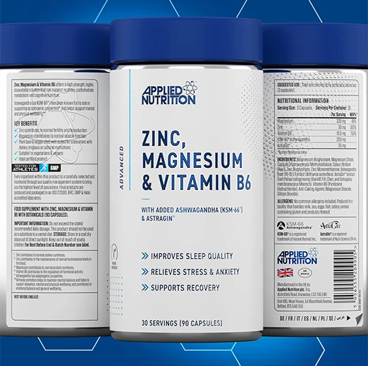 Applied Nutrition Zinc, Magnesium & Vitamin B6 with Ashwagandha Capsules 90 Capsules (30 Servings)