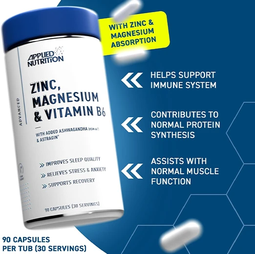 Applied Nutrition Zinc, Magnesium & Vitamin B6 with Ashwagandha Capsules 90 Capsules (30 Servings)