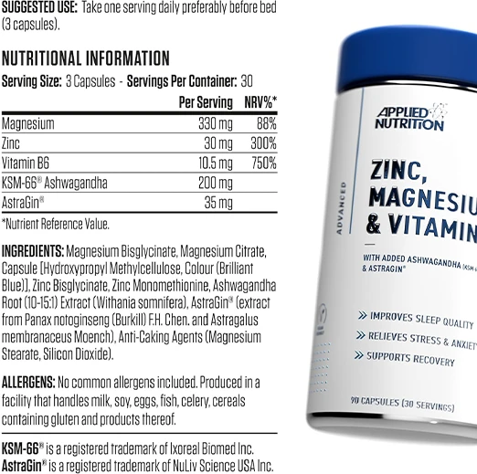 Applied Nutrition Zinc, Magnesium & Vitamin B6 with Ashwagandha Capsules 90 Capsules (30 Servings)